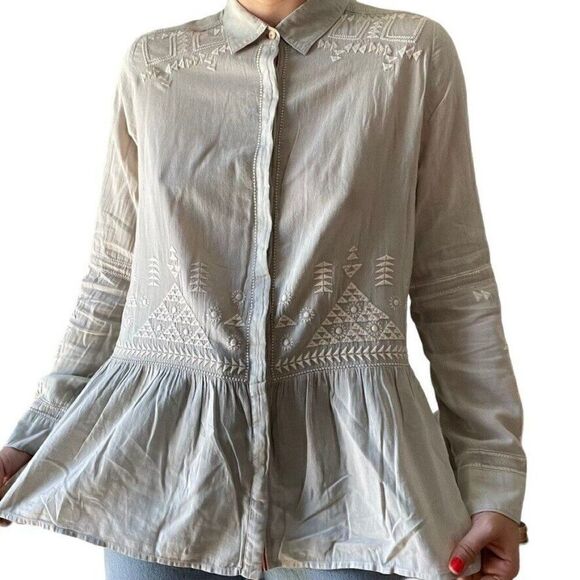Johnny Was 3J Workshop Sage Green Floral Embroidered Button Down Blouse Sz M - Picture 3 of 10
